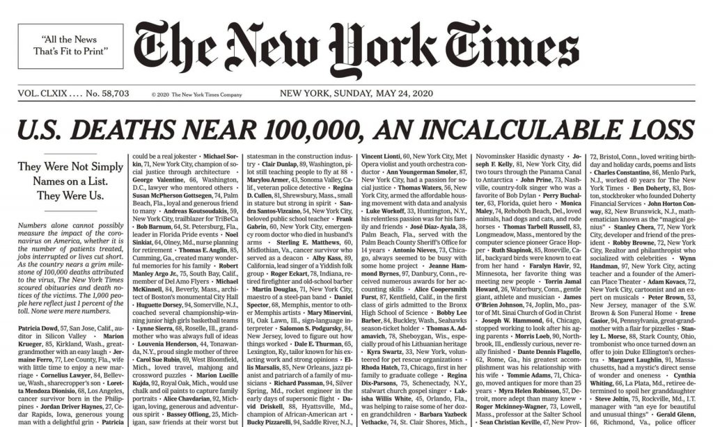 24 мая в  статье на первой полосе  «The New York Times» опубликовала список из 1000 человек, погибших от коронавируса
